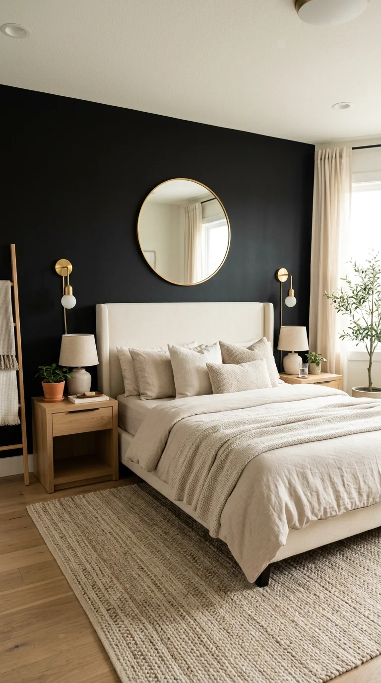 20 Hottest Black Accent Wall Ideas Taking Over Home Decor 15 014 Black Wall With Brass A warm modern bedroom with a