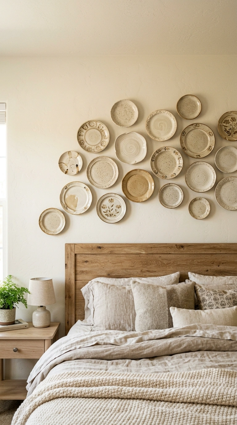 What to Put Above Your Bed: 20 Wall Decor Ideas 15 014 Ceramic Plate Cluster A bed with a loose cluster o