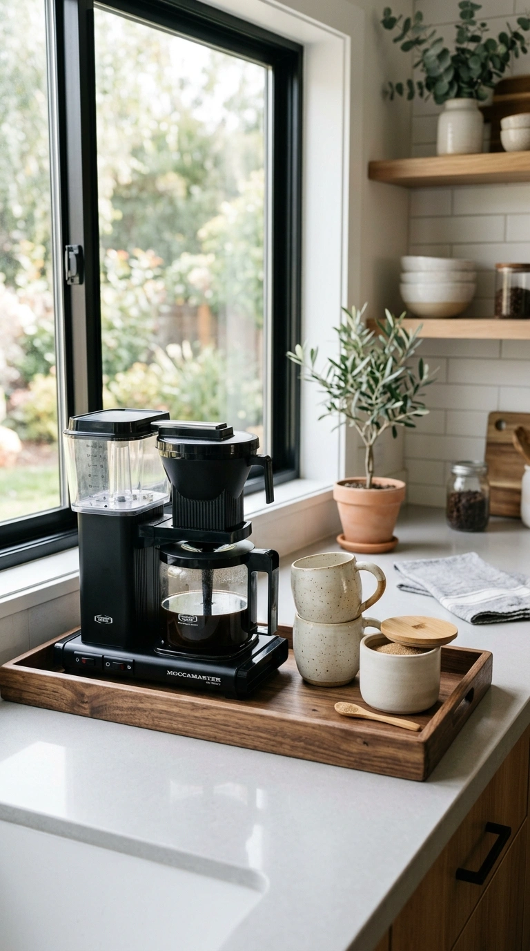 Counter Clutter Gone: 17 Kitchen Organization Ideas 15 014 Coffee Station Tray A kitchen counter with a woode
