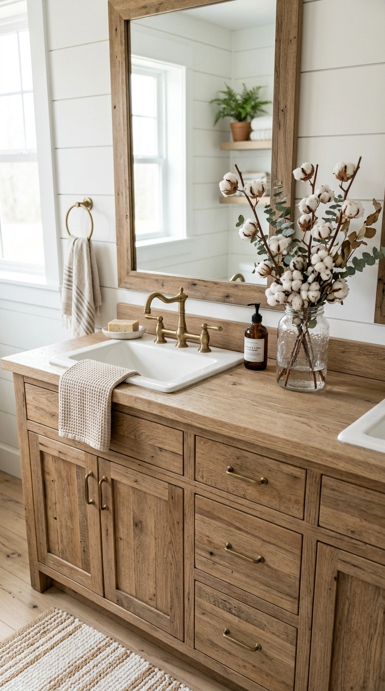 Farmhouse Bathrooms Done Right: 14 Inspiring Looks 15 014 Cotton Stem Decor A farmhouse bathroom vanity coun