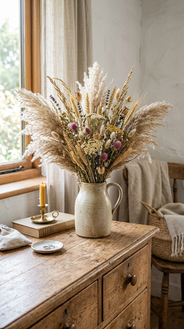 Rustic Bedroom Vibes — 16 Cozy Ideas 15 014 Dried Wildflower Bouquet A rustic bedroom dresser