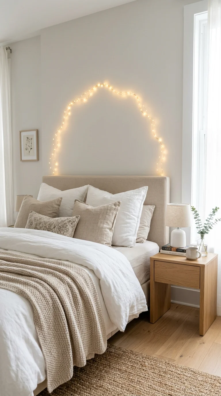 014 Fairy Light Headboard A bed with warm white fairy