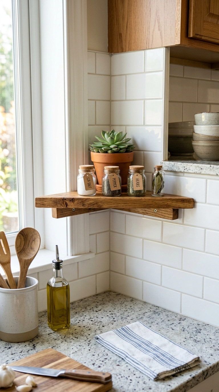 014 Floating Corner Shelf A small triangular wood shel