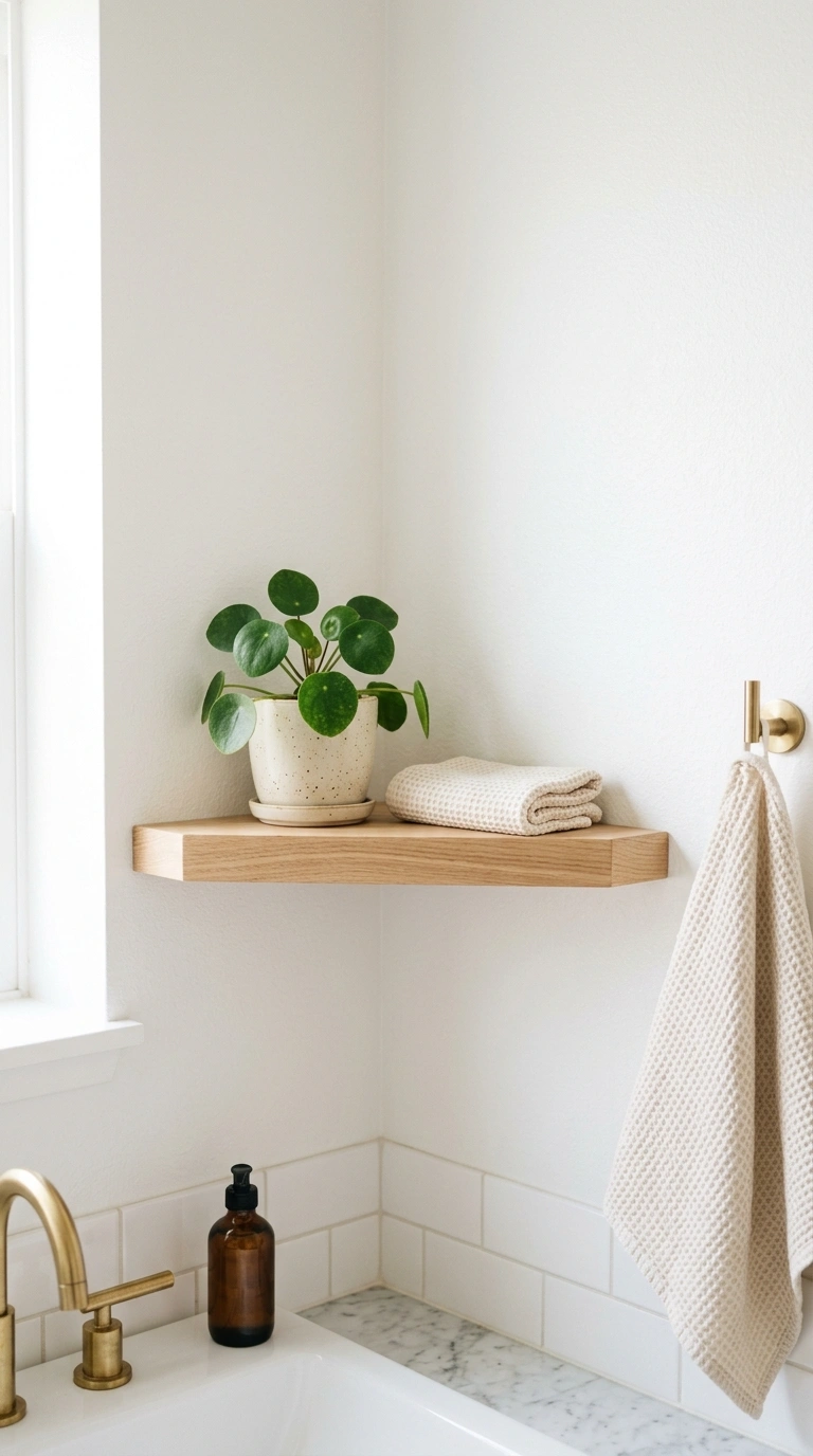 014 Floating Corner Shelves A single light wood floati