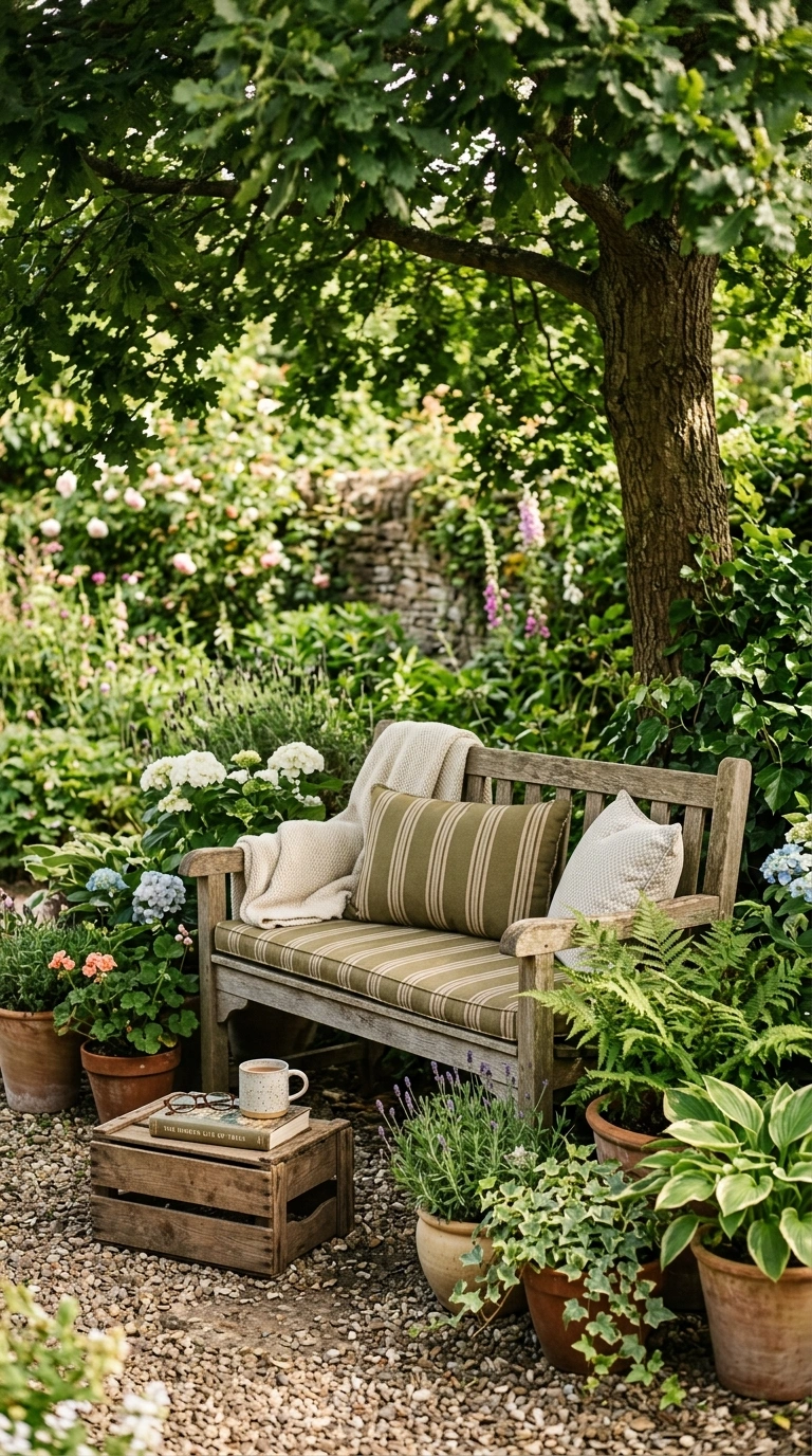 014 Garden Reading Bench A wooden garden bench with a