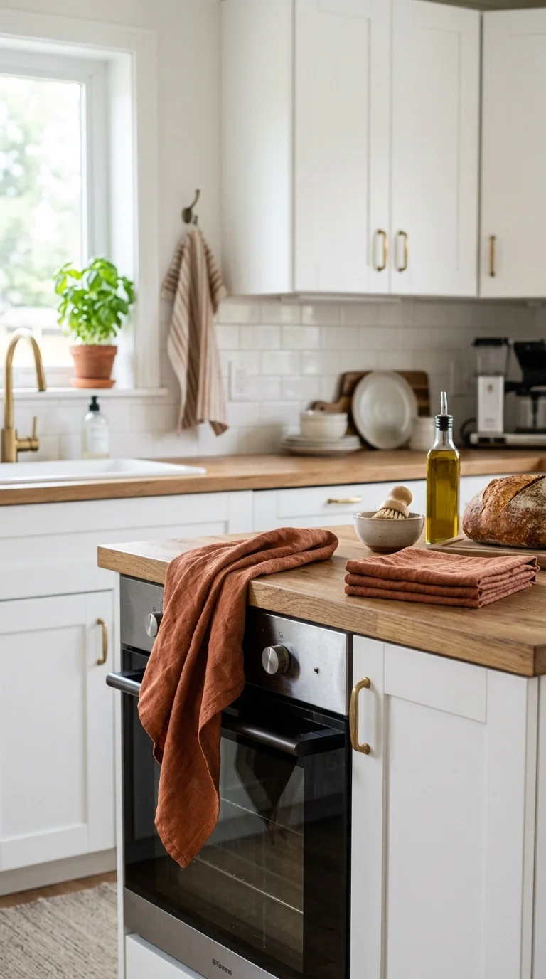014 Linen Tea Towels A kitchen scene with a terracotta