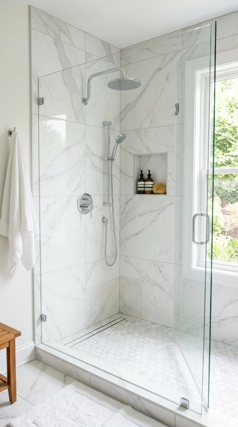 014 Marble Look Tile A small shower with large format