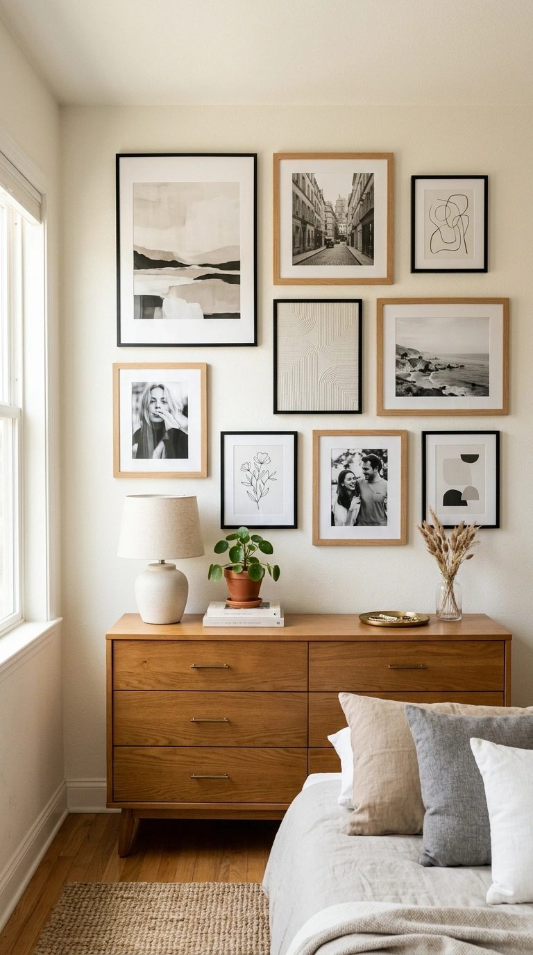 Neutral Bedrooms That Never Go Out of Style (15 Ideas) 15 014 Neutral Gallery Wall A bedroom wall with a gallery