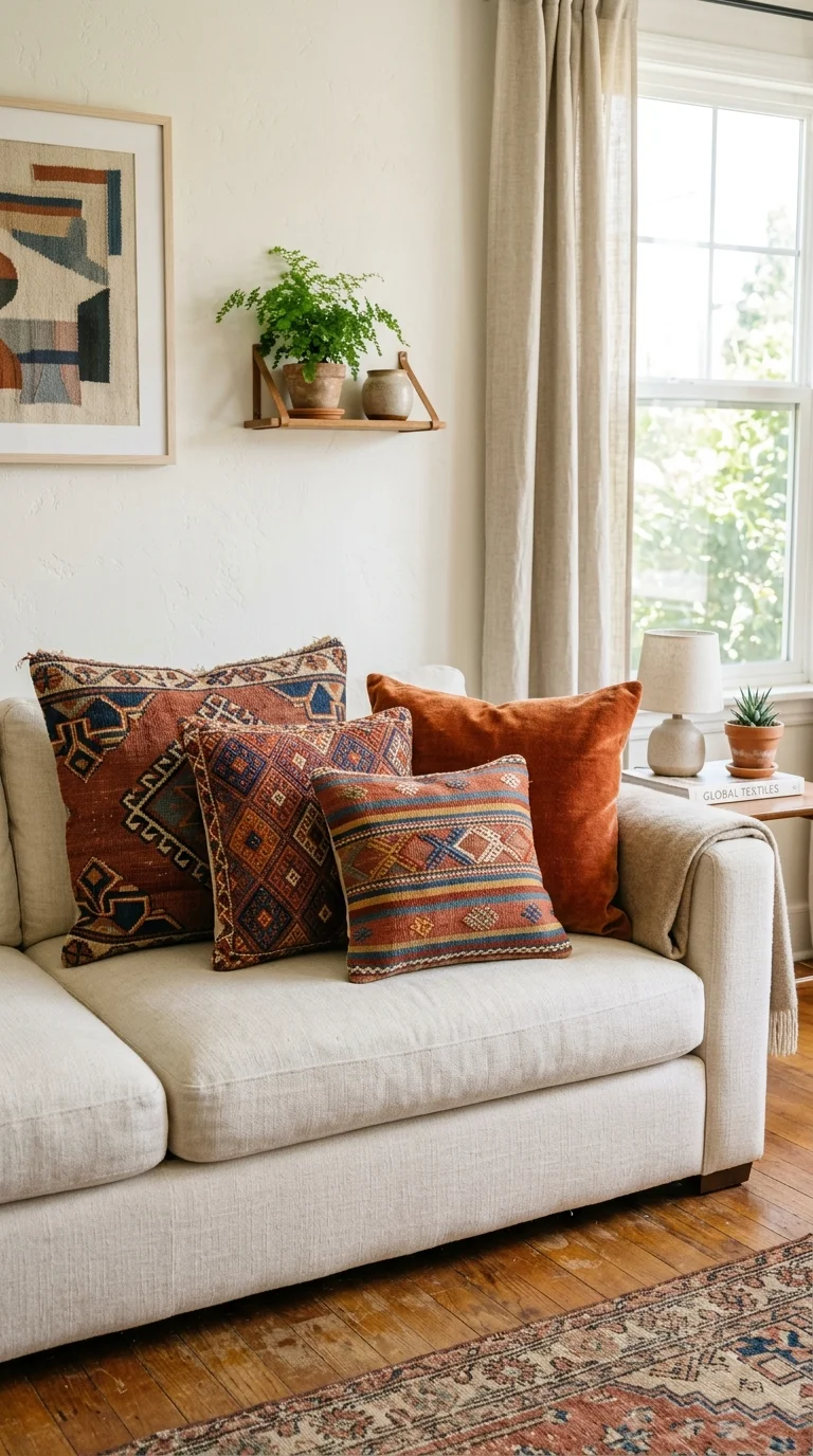 23 Budget Boho Living Rooms That Look Anything But Cheap 15 014 Patterned Kilim Pillows A cream sofa layered with