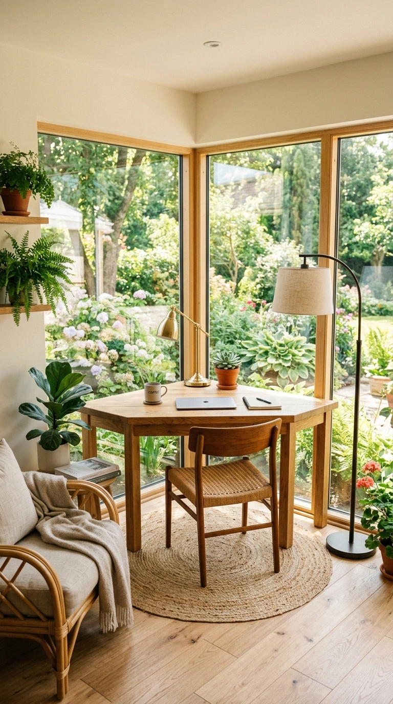 014 Sunroom Corner Desk A wood desk placed in the corn