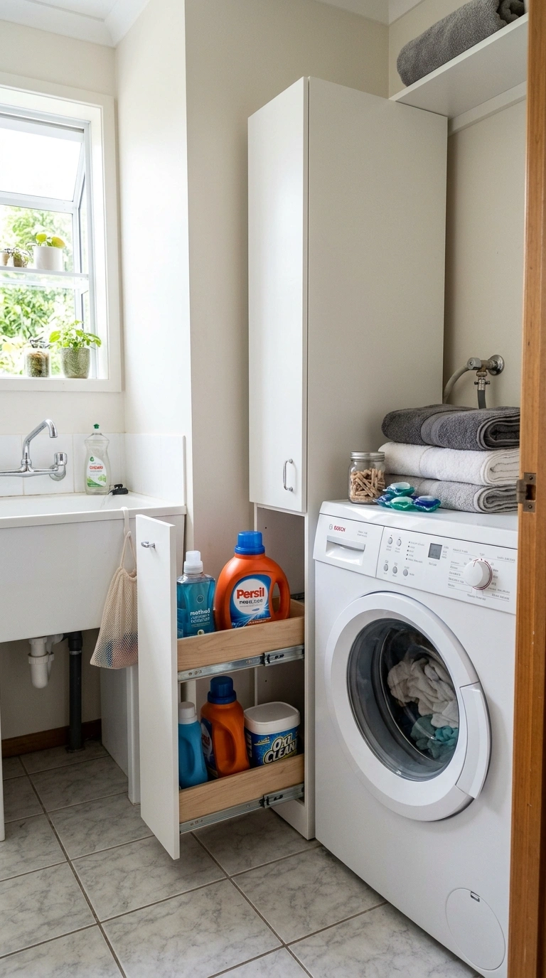 Small Laundry Room? 16 Organization Ideas That Help 15 014 Use Slim Cabinet A slim white cabinet tucked into