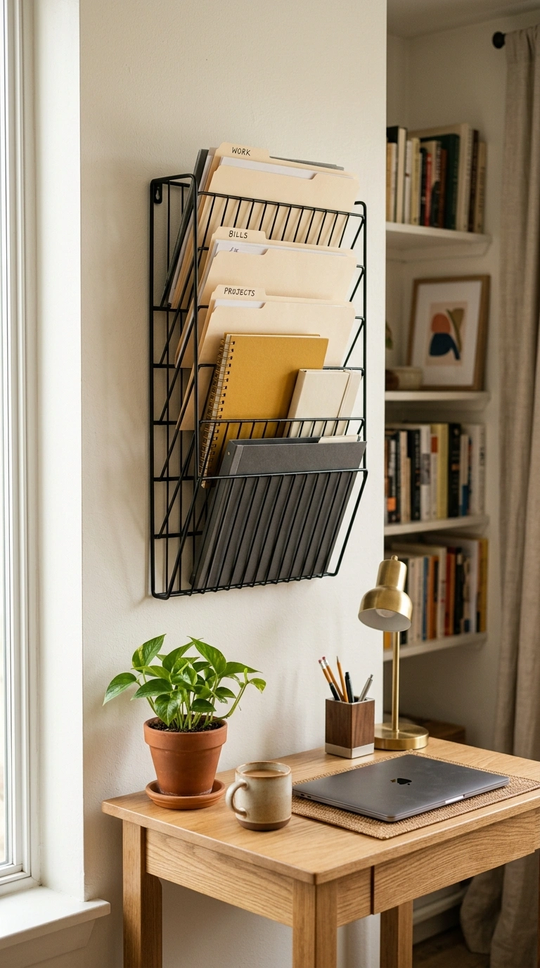 19 Classy Desk Setups That Make Small Workspaces Feel Special 15 014 Use Vertical File Racks A wire vertical file rack
