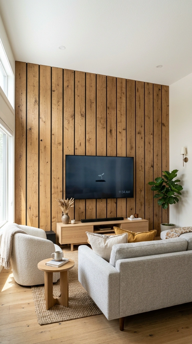 TV Wall Ideas That Don't Look Like an Afterthought (18 Picks) 15 014 Vertical Wood Panels A living room wall with wide