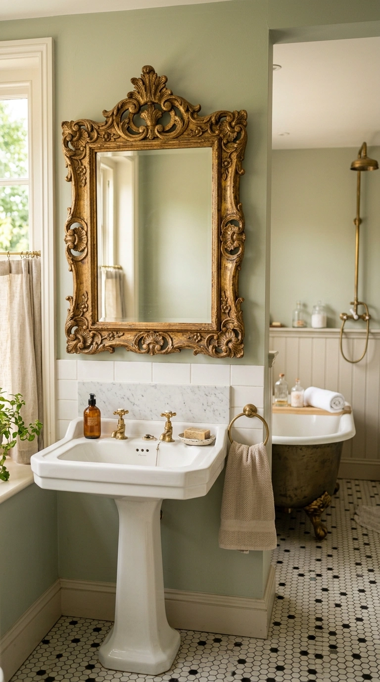 014 Vintage Mirror Look A bathroom vanity with an orna
