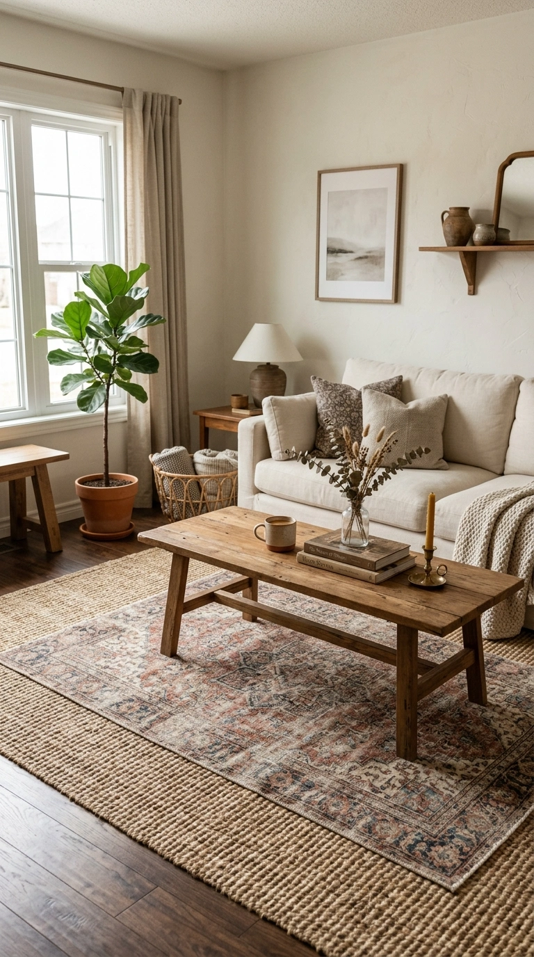 014 Vintage Rug Layering A living room with a faded vi
