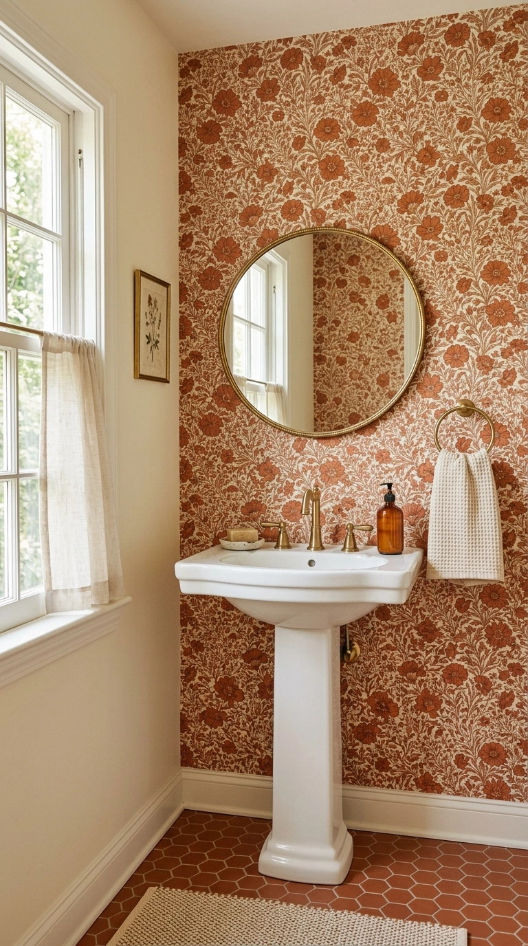 014 Warm Wallpaper Print A small powder room with warm