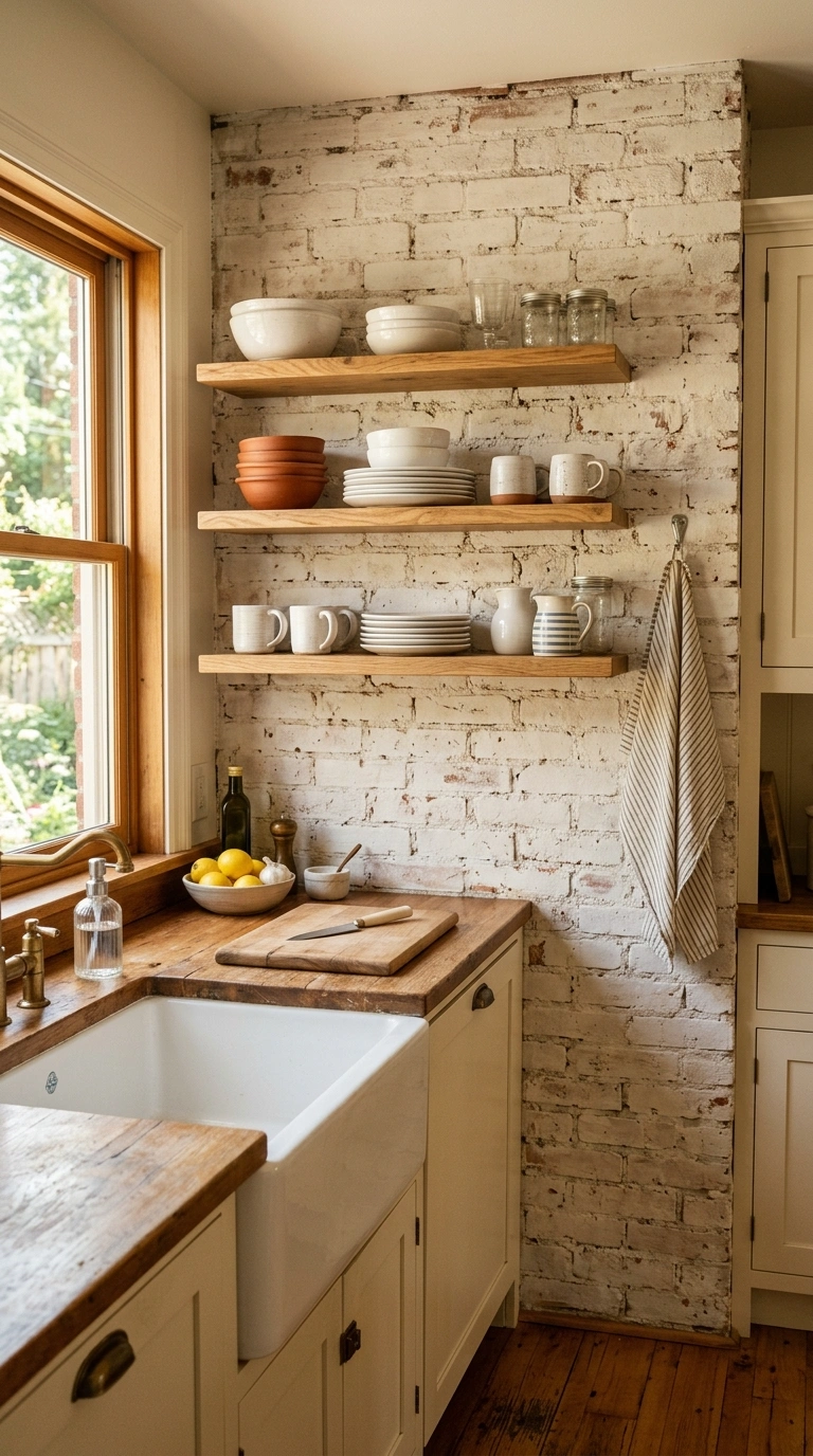 014 Whitewashed Brick A warm kitchen with a whitewashe