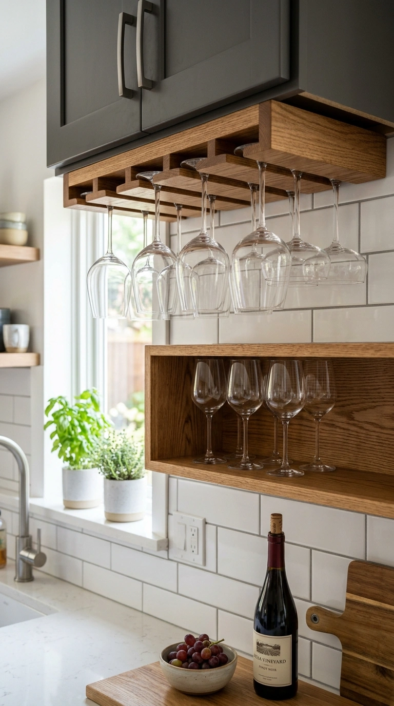 Cabinet Organization Hacks You'll Wish You Knew Sooner (18 Ideas) 15 014 Wine Glass Racks A hanging wood wine glass rack mo