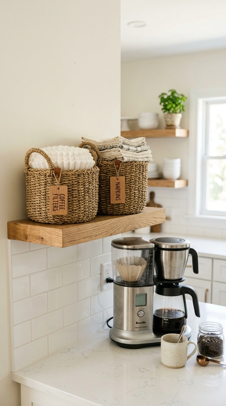 014 Woven Basket Storage A kitchen shelf holding two w