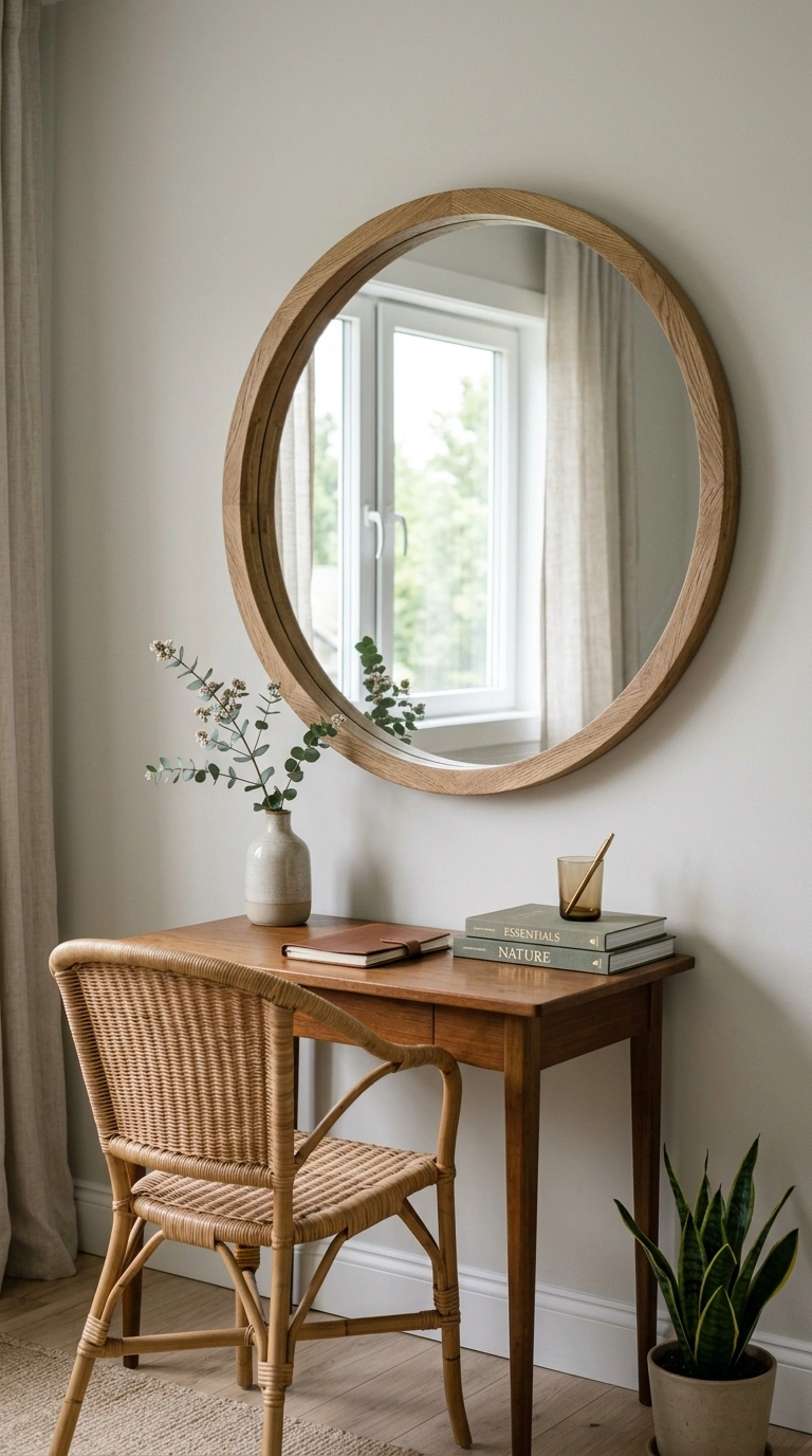 19 Classy Desk Setups That Make Small Workspaces Feel Special 16 015 Add a Statement Mirror A round wood framed mirror