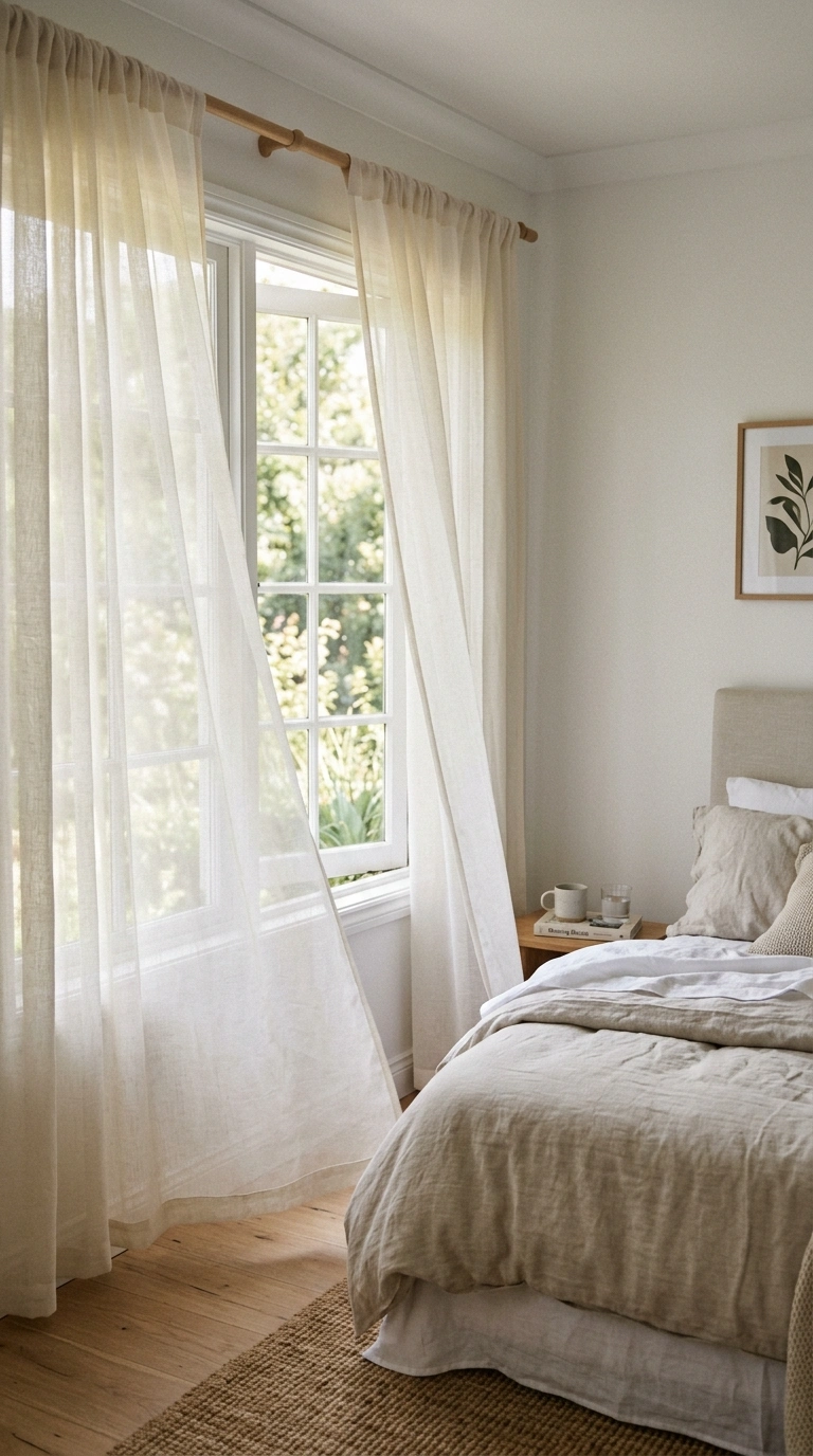 Neutral Bedrooms That Never Go Out of Style (15 Ideas) 16 015 Airy Sheer Curtains A bedroom window with lightwei