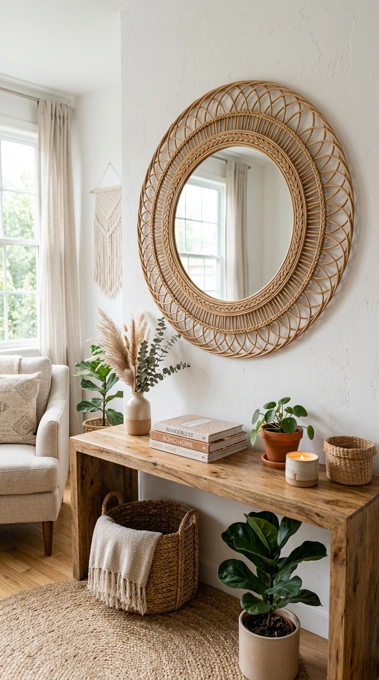 015 Boho Rattan Mirror A round mirror framed in woven