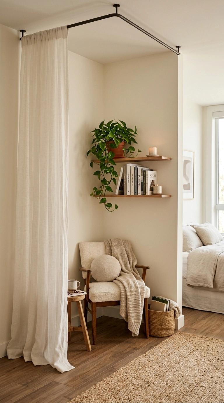23 Cozy Bedroom Corner Ideas You'll Love 16 015 Curtain Draped Nook A bedroom corner partly enclos