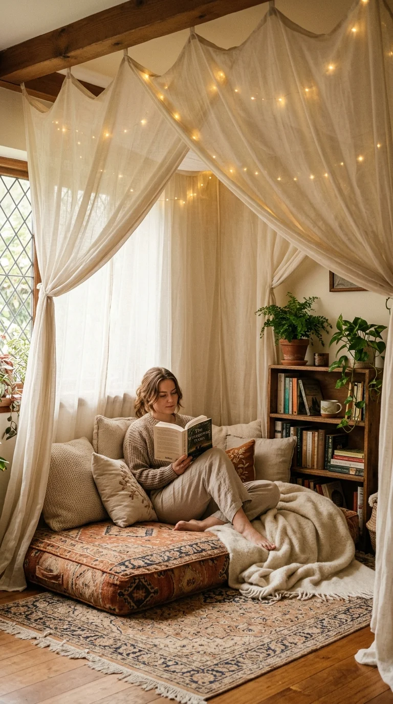 23 Budget Boho Living Rooms That Look Anything But Cheap 16 015 Draped Canopy Curtains A cozy reading nook with sh