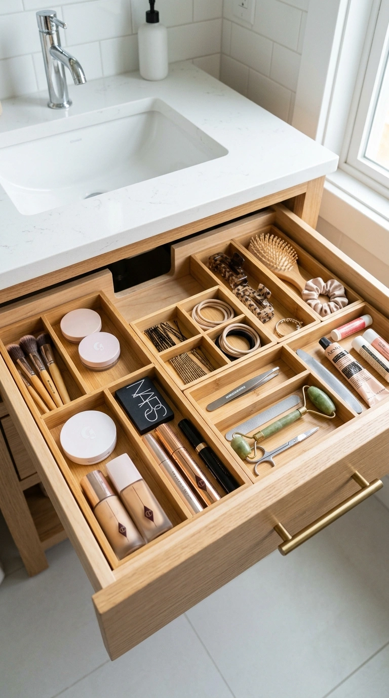 015 Drawer Organizer Trays An open bathroom vanity dra
