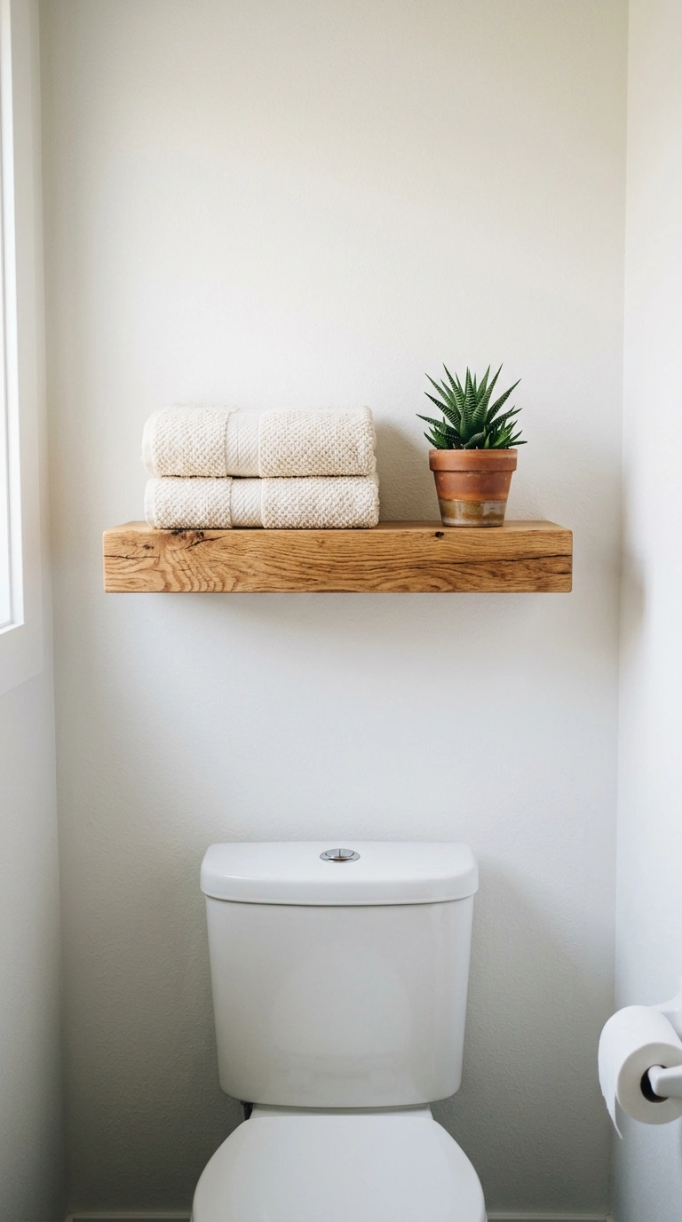 015 Floating Wood Shelf A bathroom wall with a single