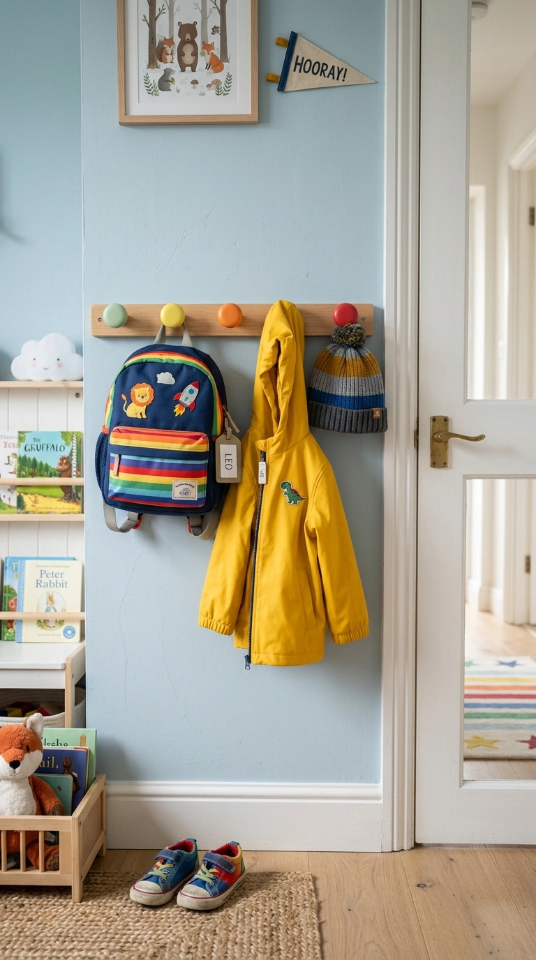 Kids Bedroom Storage That Actually Gets Used (17 Ideas) 16 015 Hook Rack Wall A kids bedroom wall near the door w