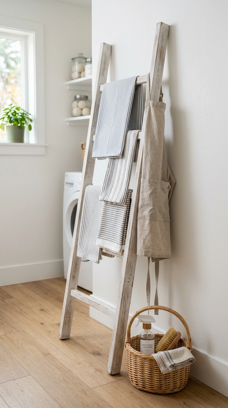 015 Leaning Ladder Display A whitewashed wood ladder a