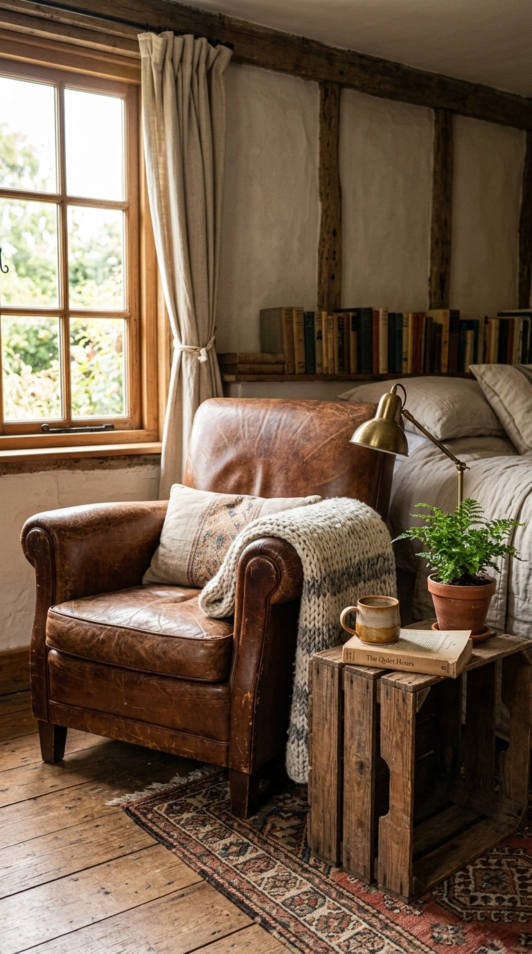 Rustic Bedroom Vibes — 16 Cozy Ideas 16 015 Leather Reading Chair A rustic bedroom corner with