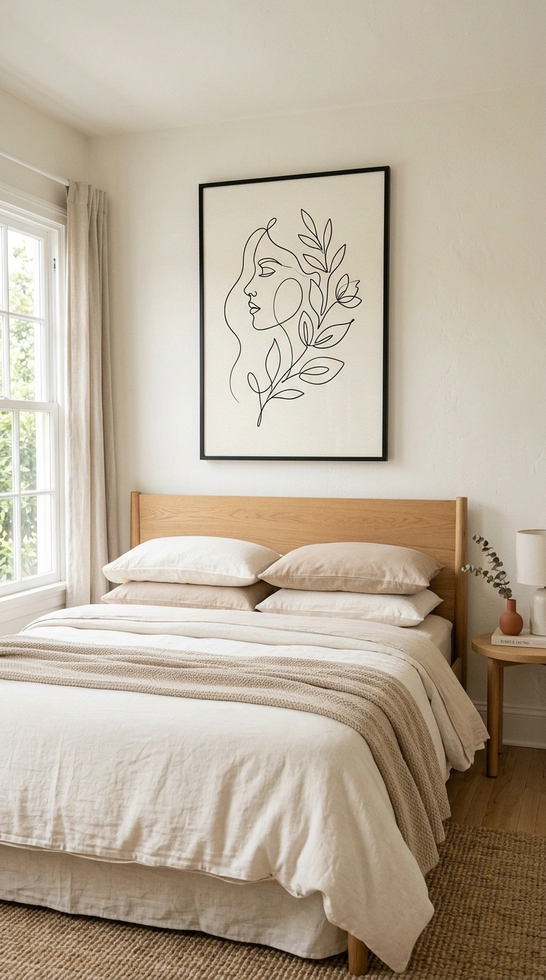 What to Put Above Your Bed: 20 Wall Decor Ideas 16 015 Minimalist Line Art A bed with a single large mini