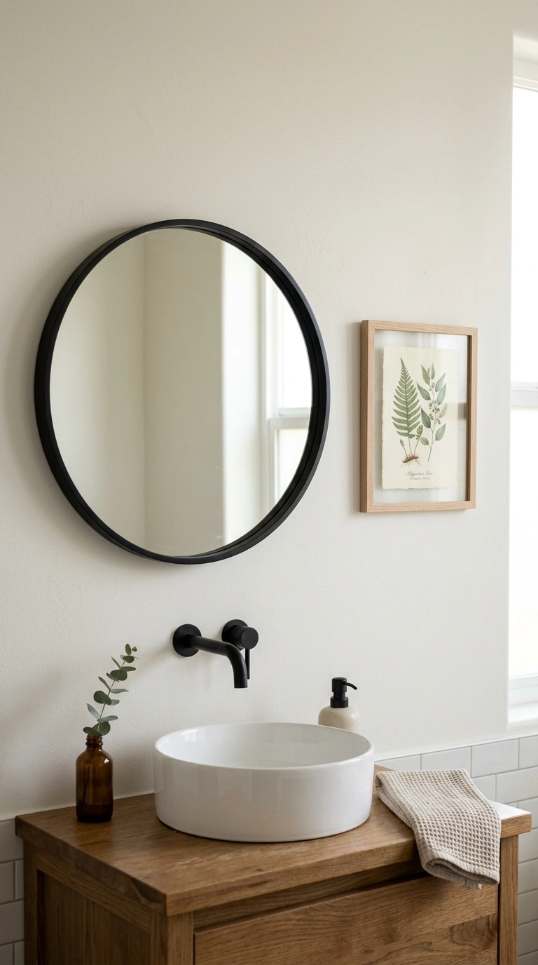 015 Mirror With Artwork A bathroom vanity wall with a