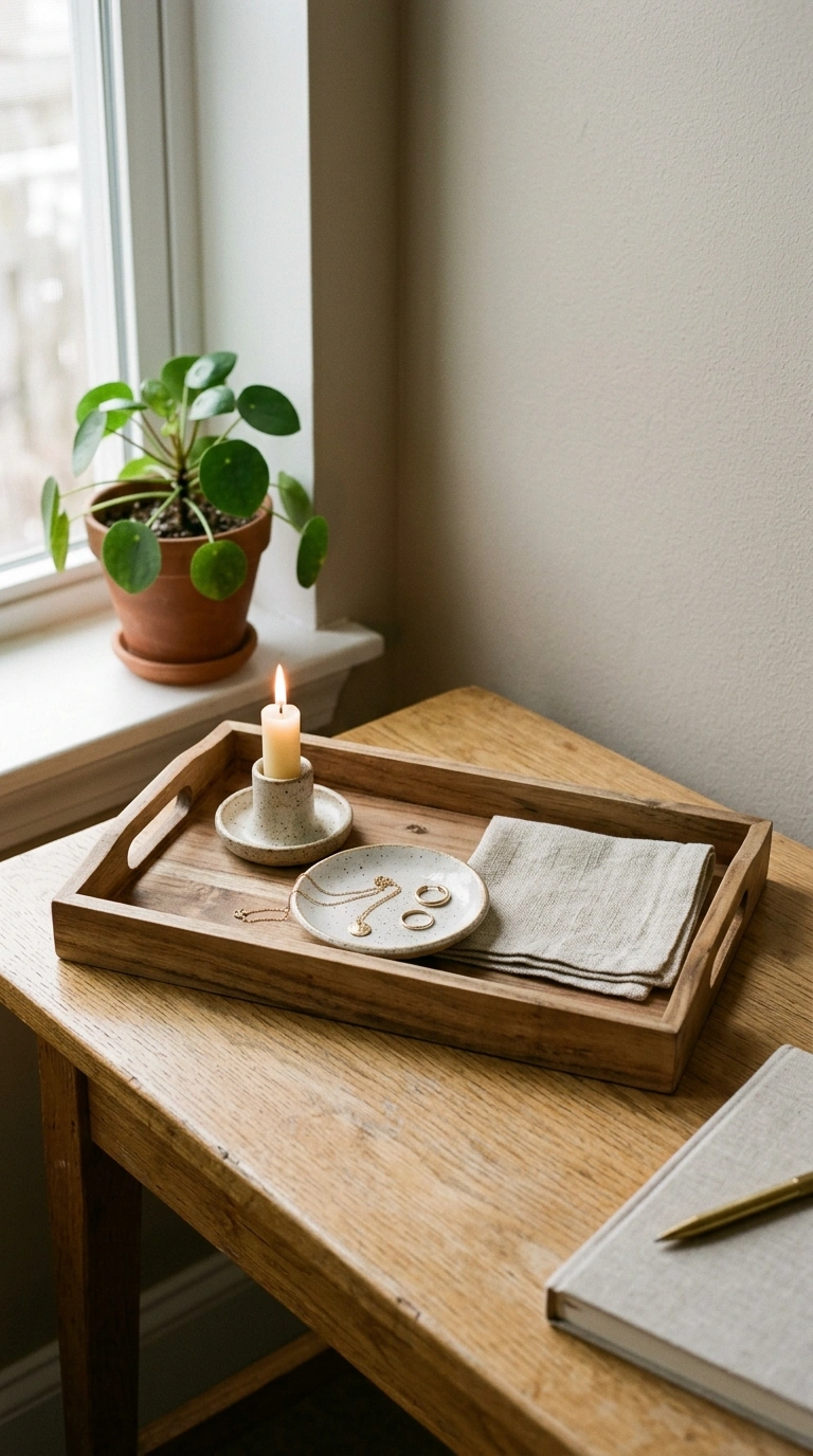 015 Neutral Tray Styling A wood tray on the corner of