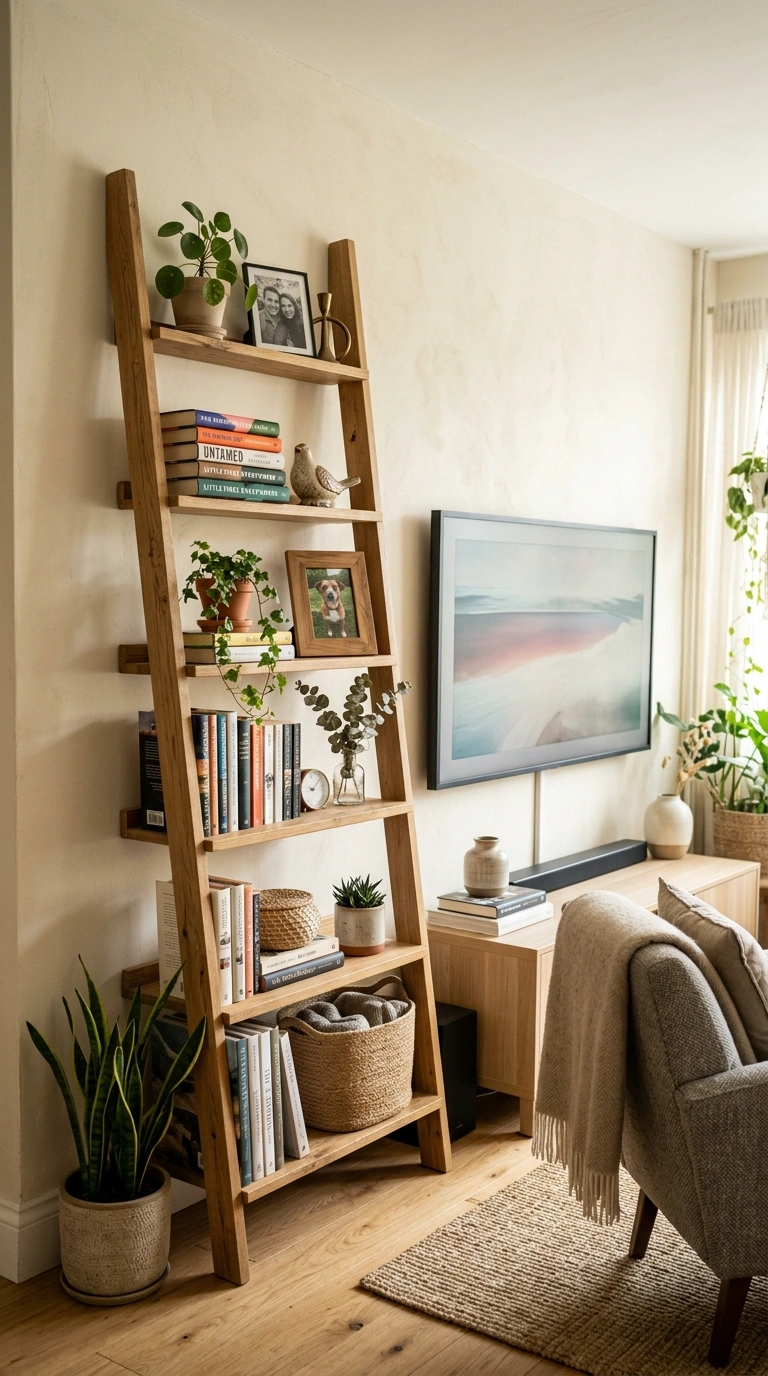 TV Wall Ideas That Don't Look Like an Afterthought (18 Picks) 16 015 Open Shelving Ladder A living room corner with a t