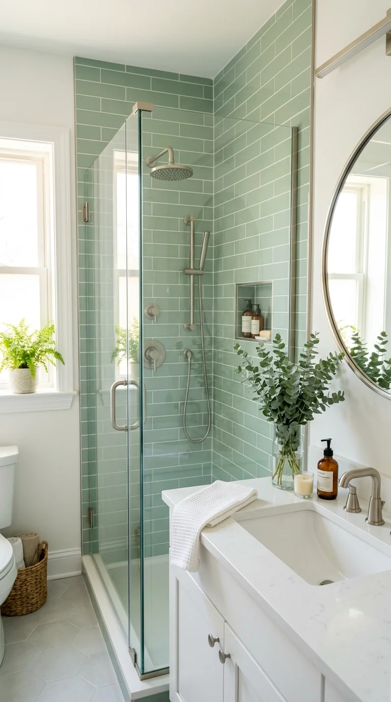 015 Pale Eucalyptus Green A bathroom with pale eucalyp