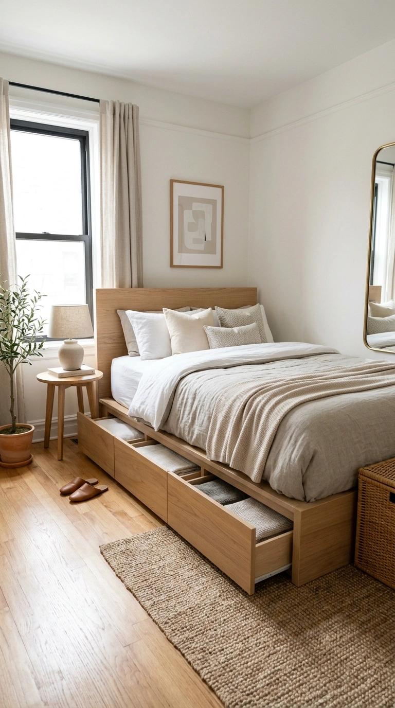 Small Bedroom, Big Style: 19 Layout Ideas 16 015 Platform Bed Storage A small bedroom with a platfo