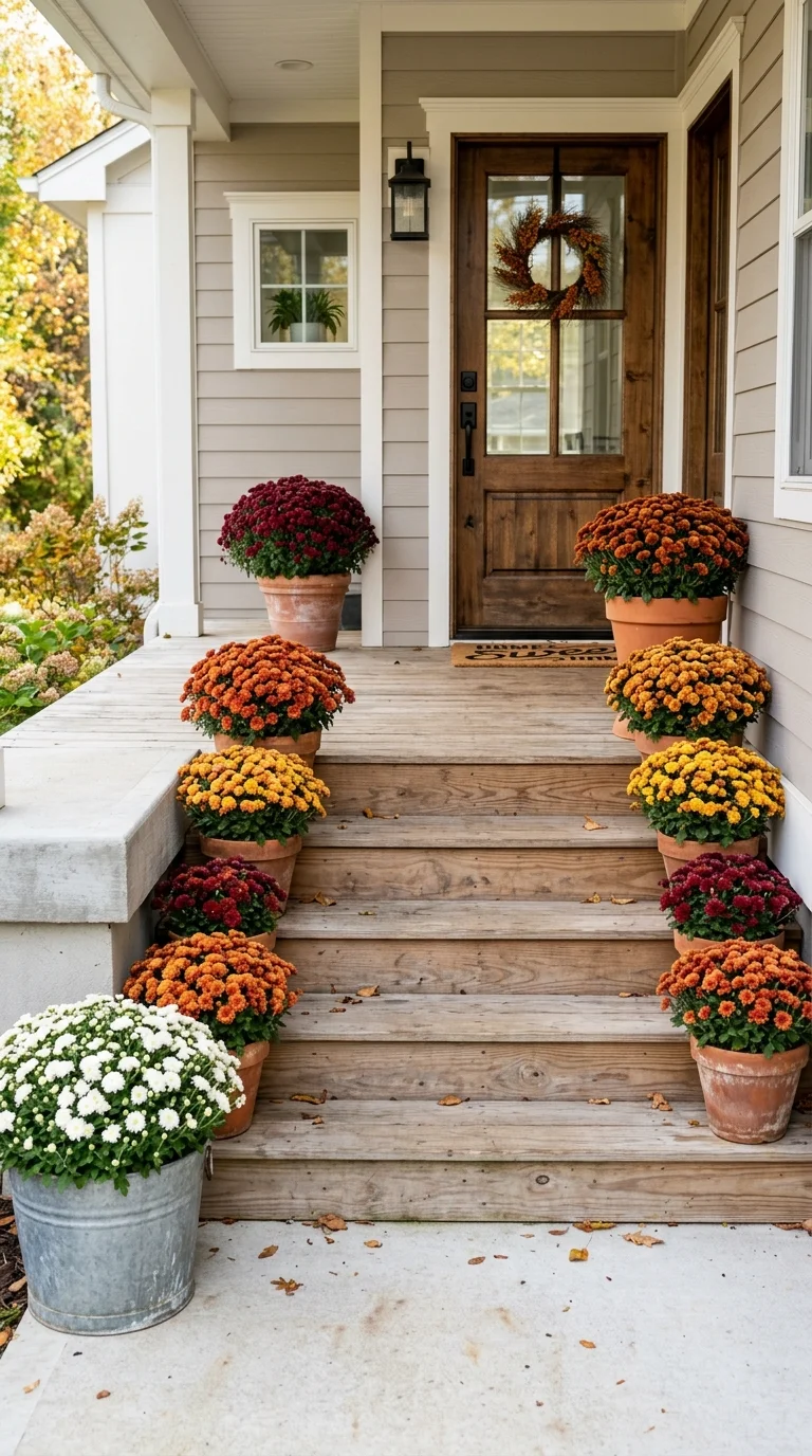 Cozy Fall Decor Ideas for Every Room (21 Picks) 16 015 Potted Mums Steps Wooden front steps leading to a