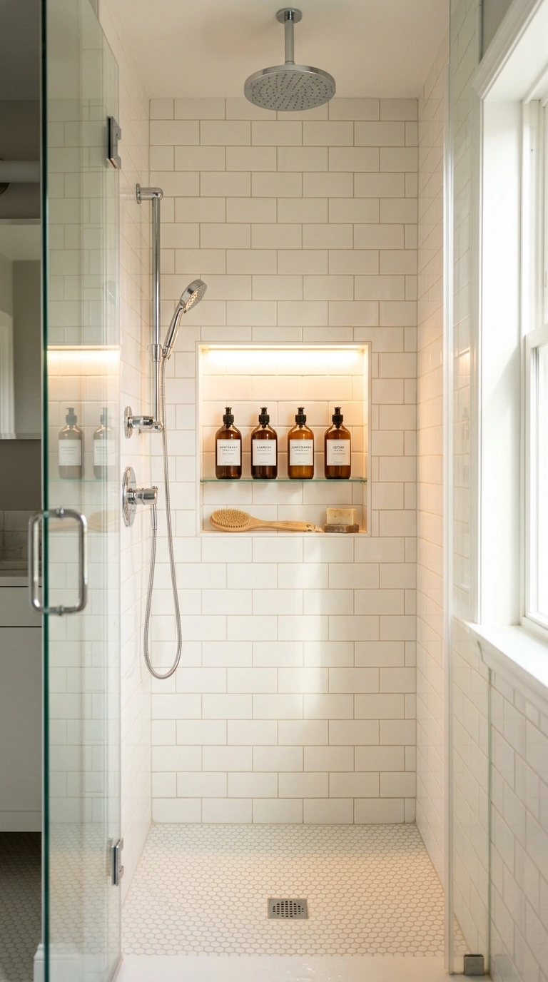 015 Recessed Niche Lighting A small shower with a wall