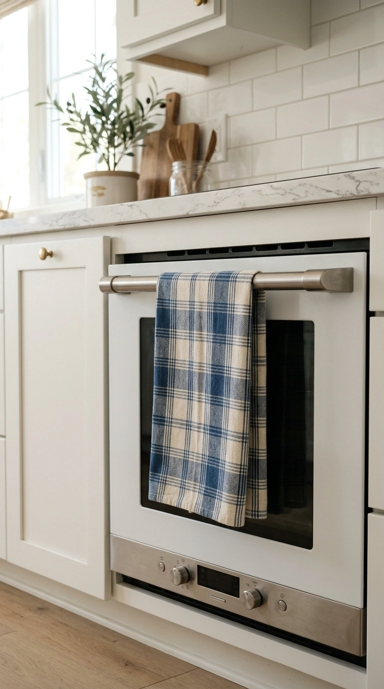 21 Easy Seasonal Updates for Anyone Decorating on a Budget 16 015 Refresh Kitchen Towels A kitchen oven handle with