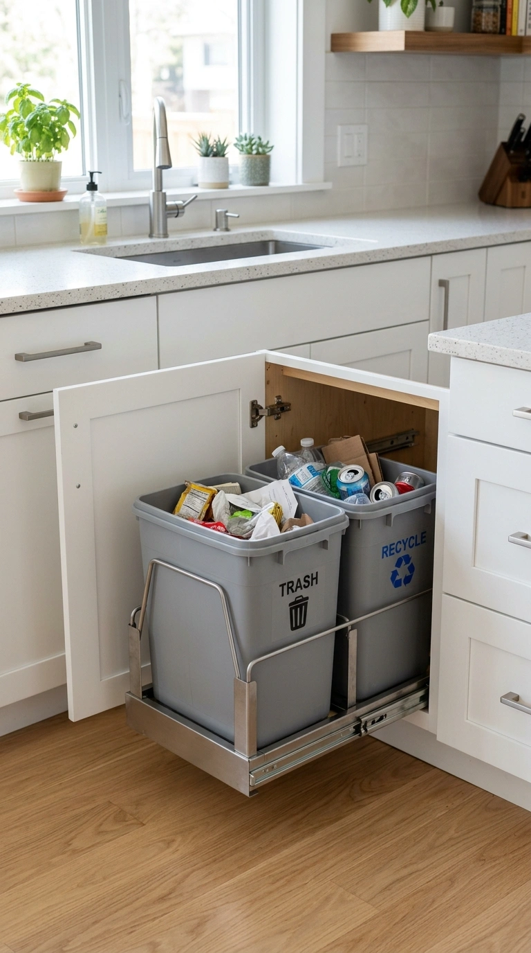 Cabinet Organization Hacks You'll Wish You Knew Sooner (18 Ideas) 16 015 Roll Out Trash Bins An open base cabinet with a do
