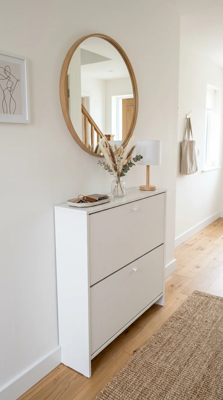 Your Tiny Hallway Deserves This Glow-Up: 20 Ideas to Try 16 015 Slim Shoe Cabinet A slim white tilt out shoe cabin