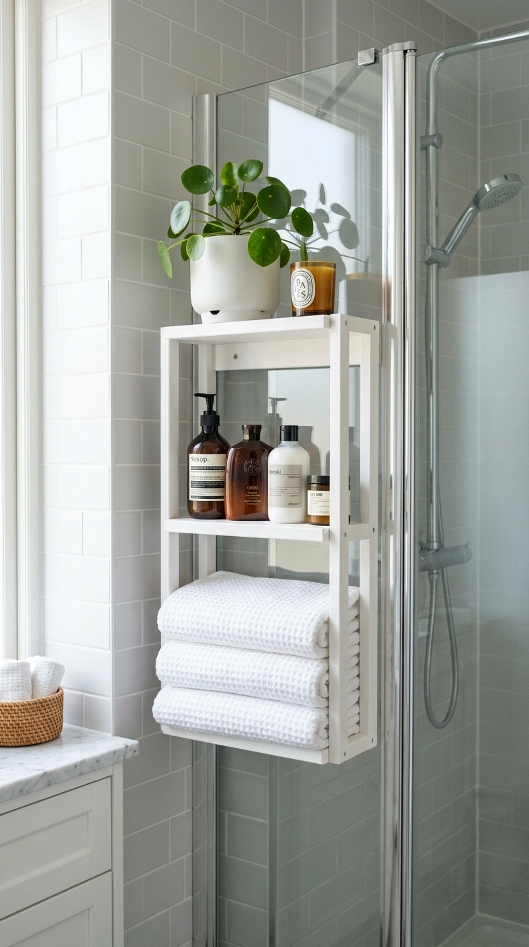 015 Tiered Wall Shelf A white three tier wall shelf mo