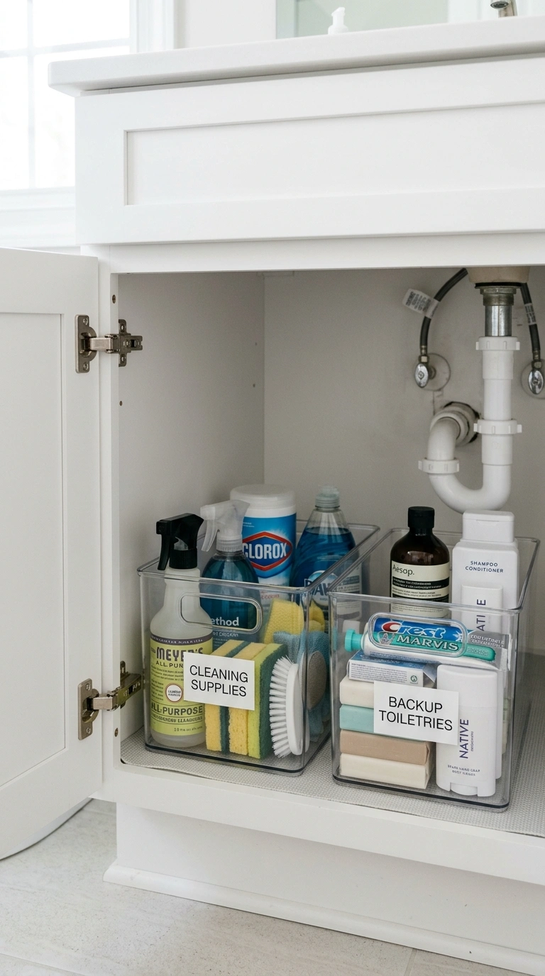 015 Under Sink Bins An open under sink cabinet showing