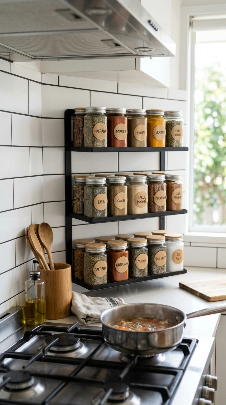 015 Wall Mounted Spice Rack A tiered black metal spice