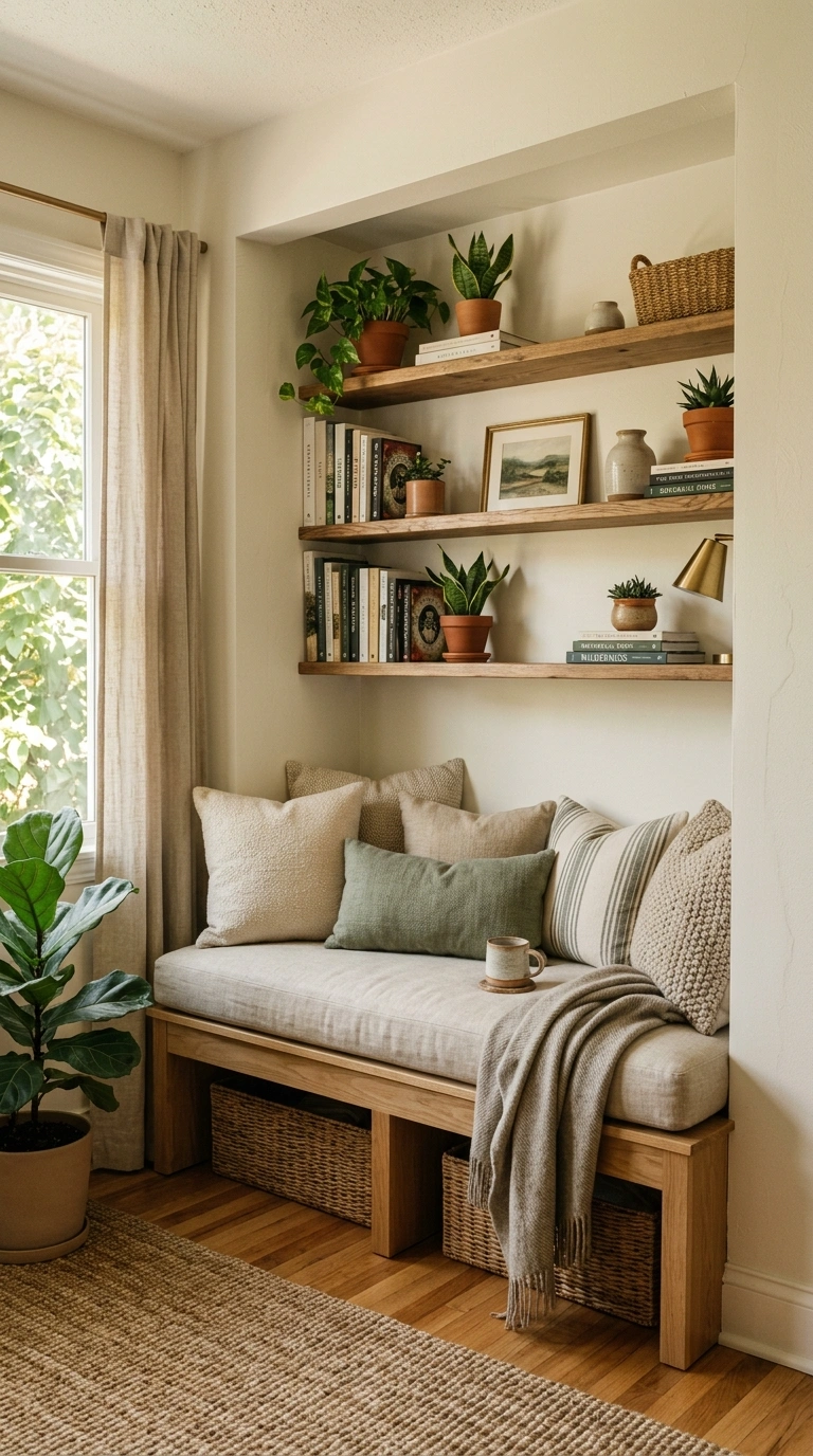 015 Wall Nook Bench A built in wall nook with a cushio
