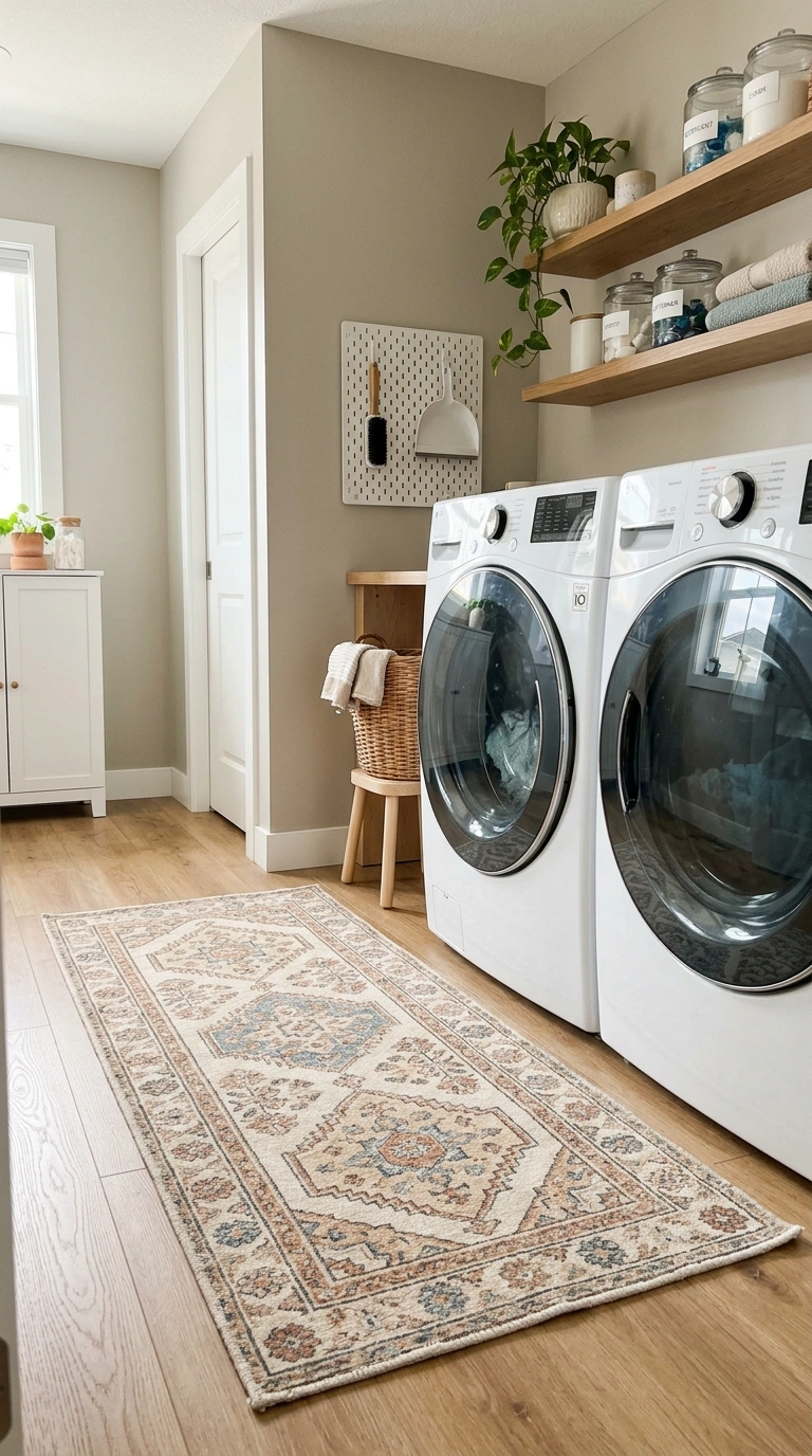 Small Laundry Room? 16 Organization Ideas That Help 17 016 Add Cozy Rug A small laundry room floor in front o
