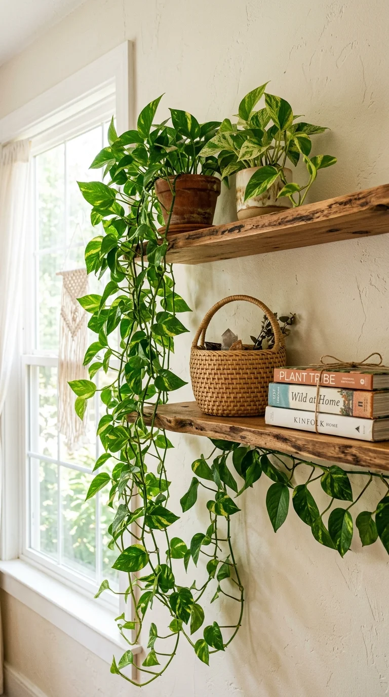 23 Budget Boho Living Rooms That Look Anything But Cheap 17 016 Boho Plant Shelf A wall mounted wood shelf filled
